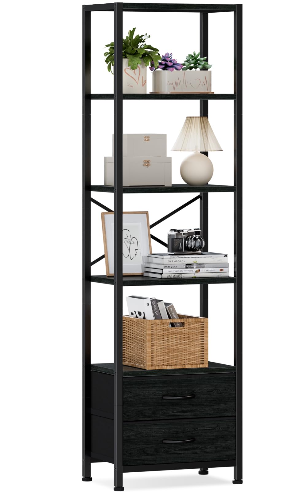 Furnulem 5-Tier Corner Shelf, Narrow Bookshelf with 2 Storage Drawers, 65.16'' Tall Bookcase, Standing Shelf Organizer Unit for 