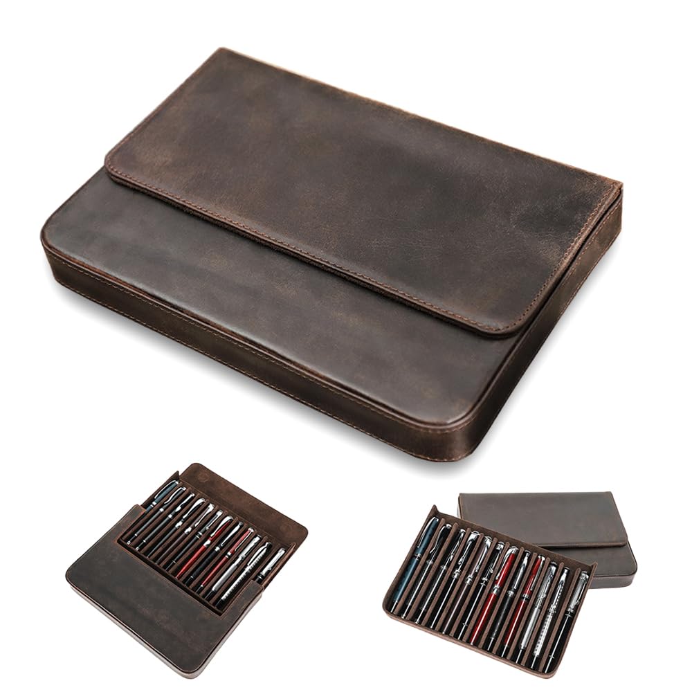 Mivlxlx 12Slots Fountain Pen Collector Organizer - Handmade Pen Case Vintage Crazy Horse Print Leather Pen Protective Sleeve Cov