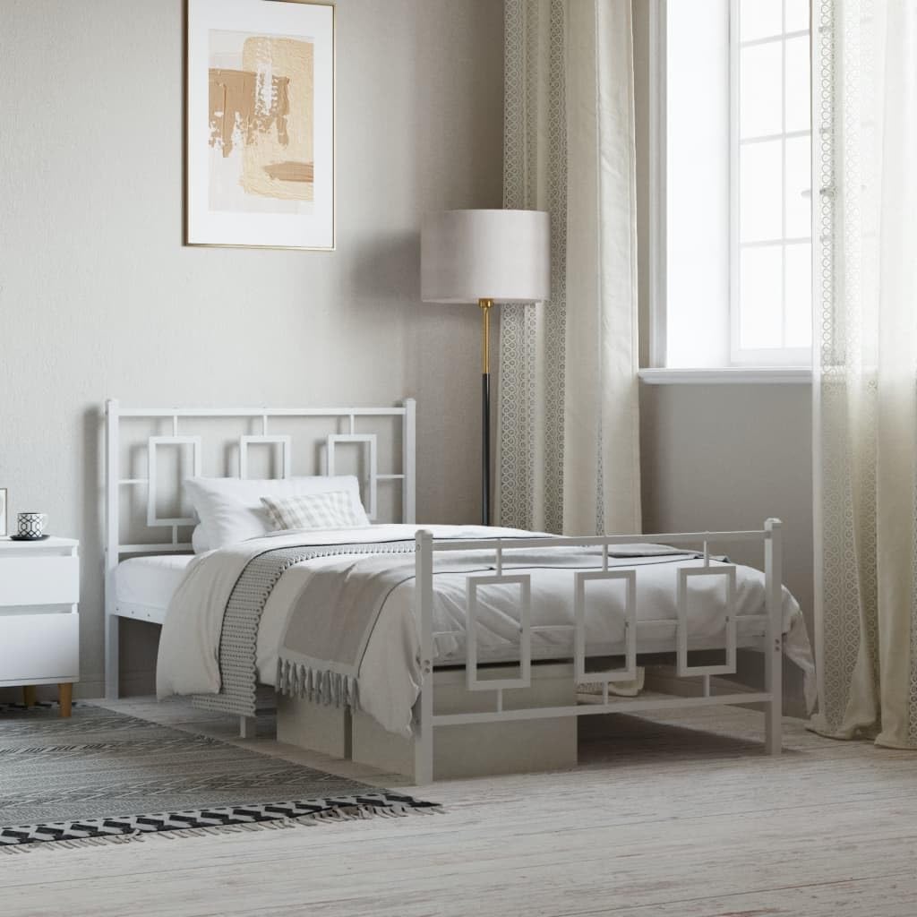 vidaXL White Metal Bed Frame with Headboard/Footboard - 39.4x78.7 Single Bed for Bedroom Decor, Durable Steel Construction, Under Bed Storage