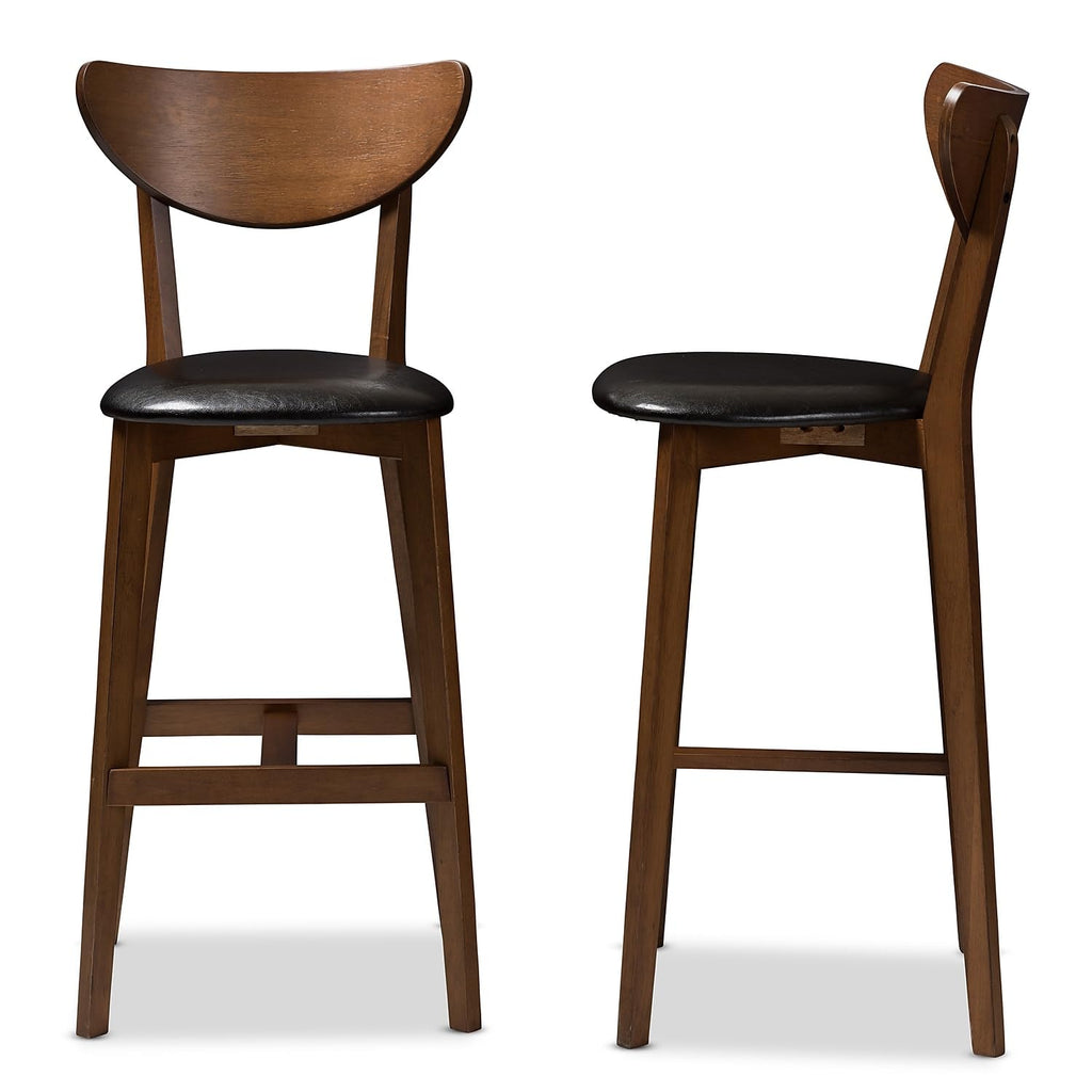 Baxton Studio Eline Mid-Century Faux Leather Bar Stool with Back, Black and Walnut Brown, 2-Pieces/Set (144-2PC-8076-HT)