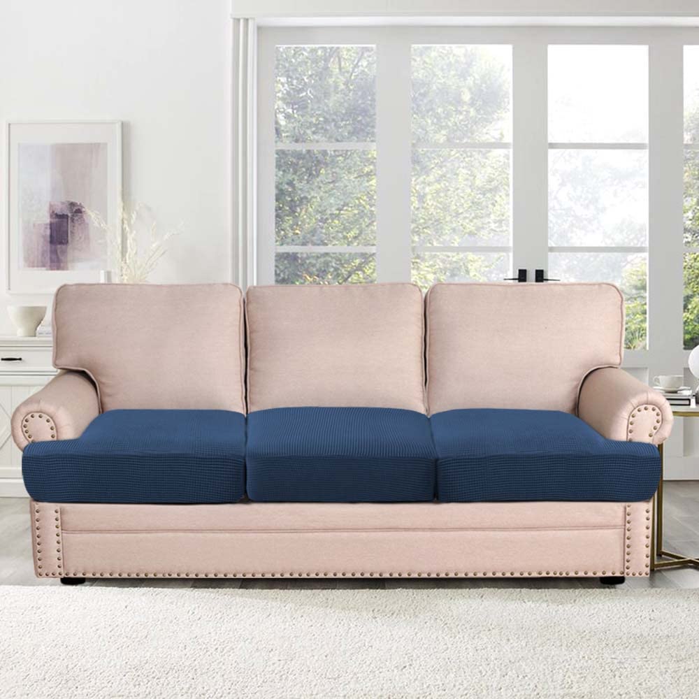 H.Versailtex Stretch 3 Piece T Cushion Sofa Slipcovers Individually Sofa Cushion Covers For 3 Cushion Couch Sofa Seat Cushion Covers With Elastic Bands Featuring Thicker Jacquard Fabric, Navy