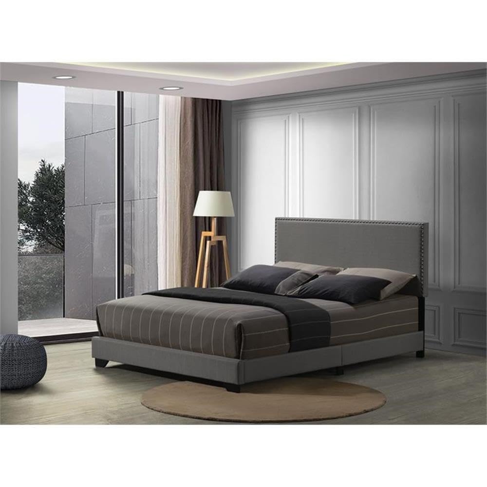 Acme Leandros Fabric Upholstered Queen Bed with Nailhead Trim in Light Gray