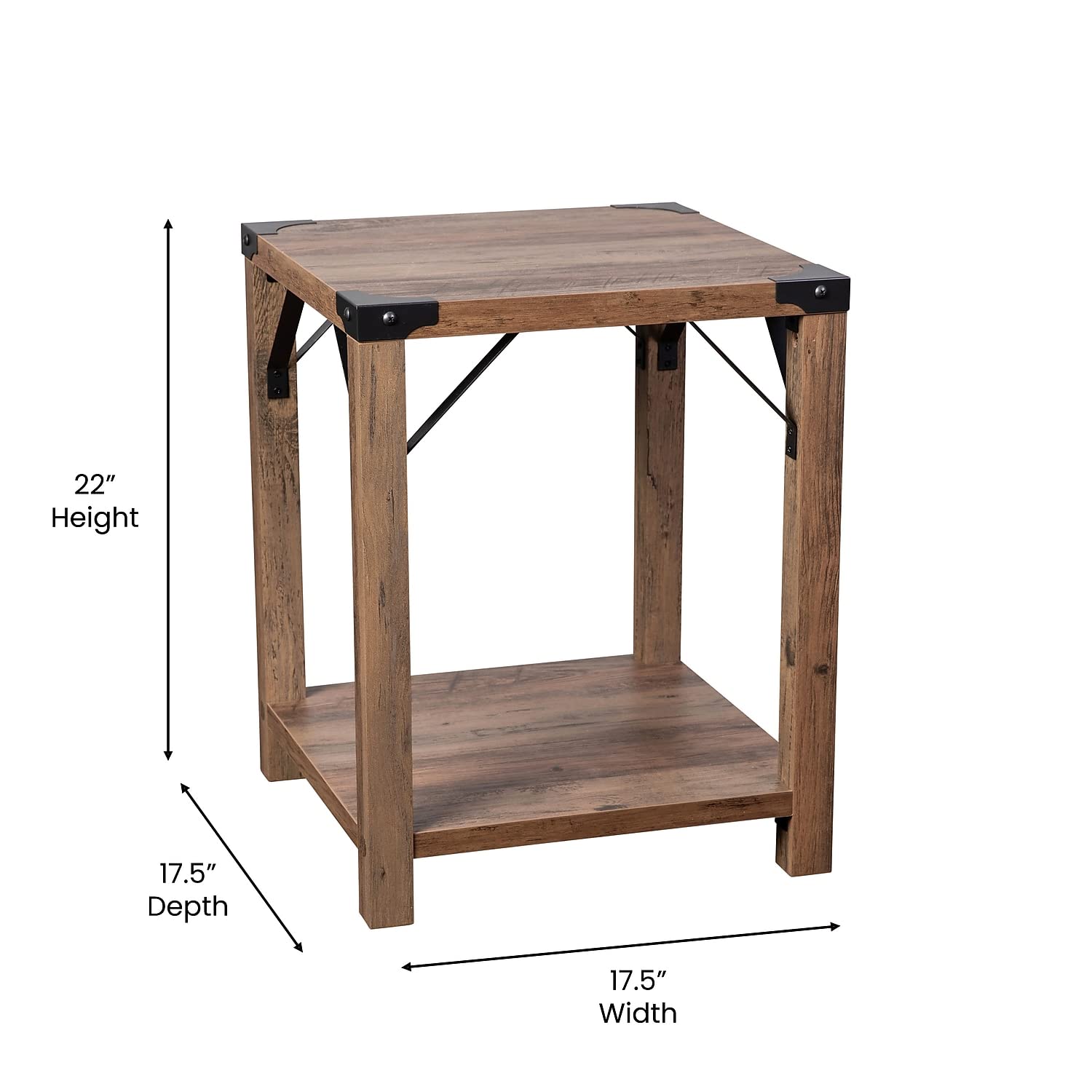 Flash Furniture Wyatt Modern Farmhouse 2 Tier Side Table - Rustic Oak Engineered Wood Frame - Black Metal Crisscross Side Braces and Corner Accents