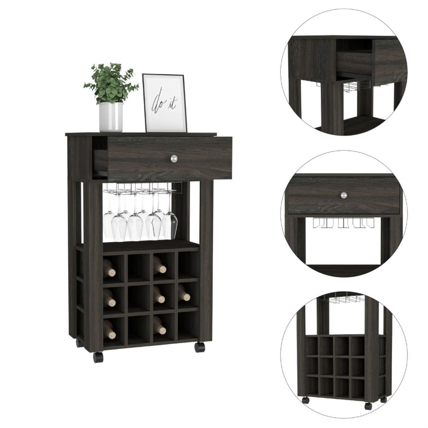 Margh Bar Cart, 12 Wine Cubbies, Drawer, Glass Rack, Caster Wheels, Carbon Espresso