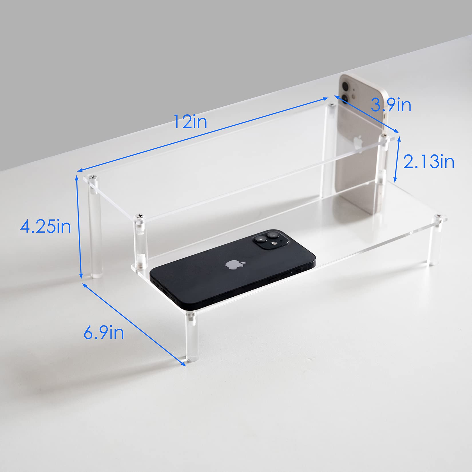 Bycy Acrylic Clear 2-Tier Riser Display Shelf For Figures, Desserts Holder, Collections Organizer And Cosmetic Items Shelf (12''