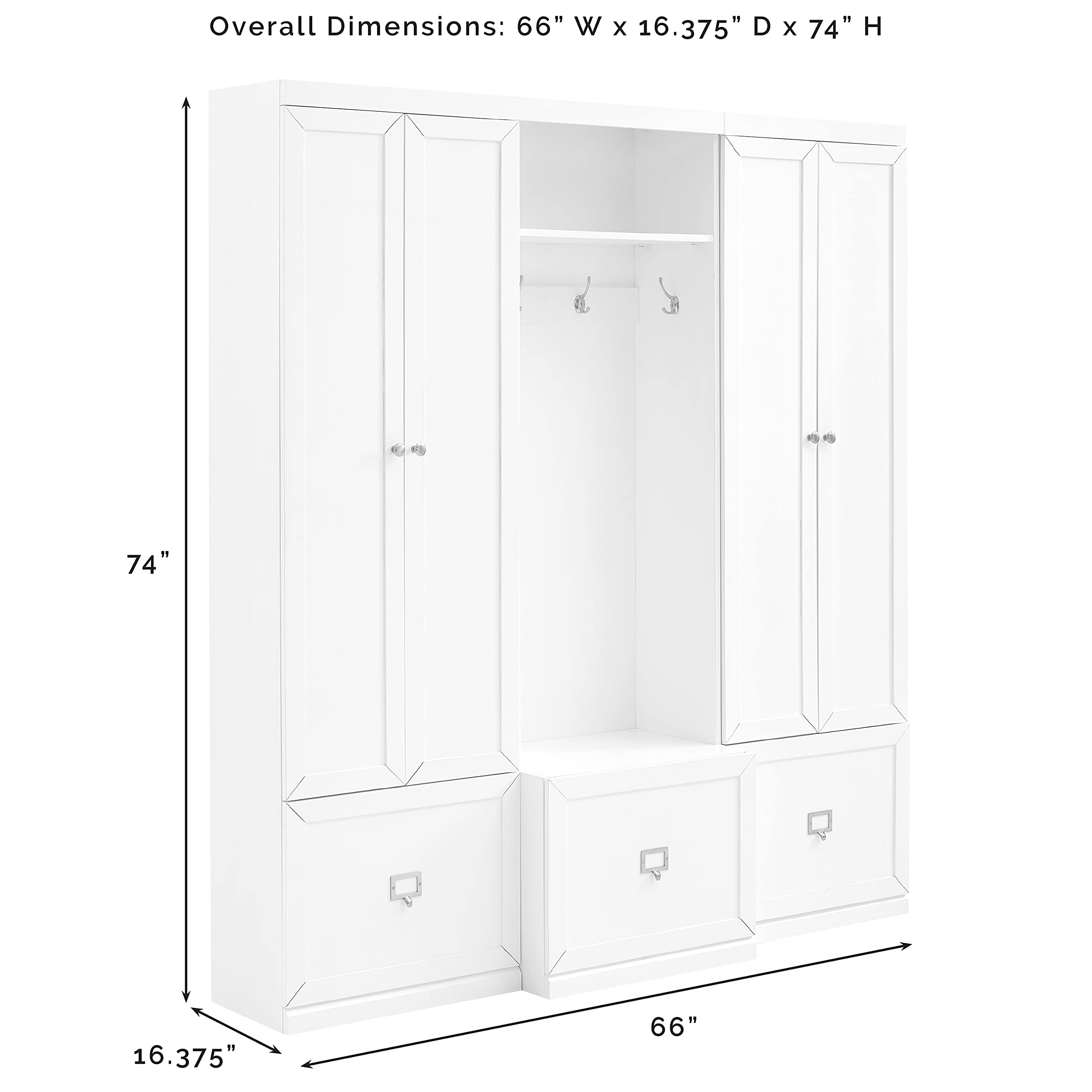 Crosley Furniture Harper 3-Piece Hall Tree And Storage Cabinet Set With Entryway Bench And Hooks For Hanging, White