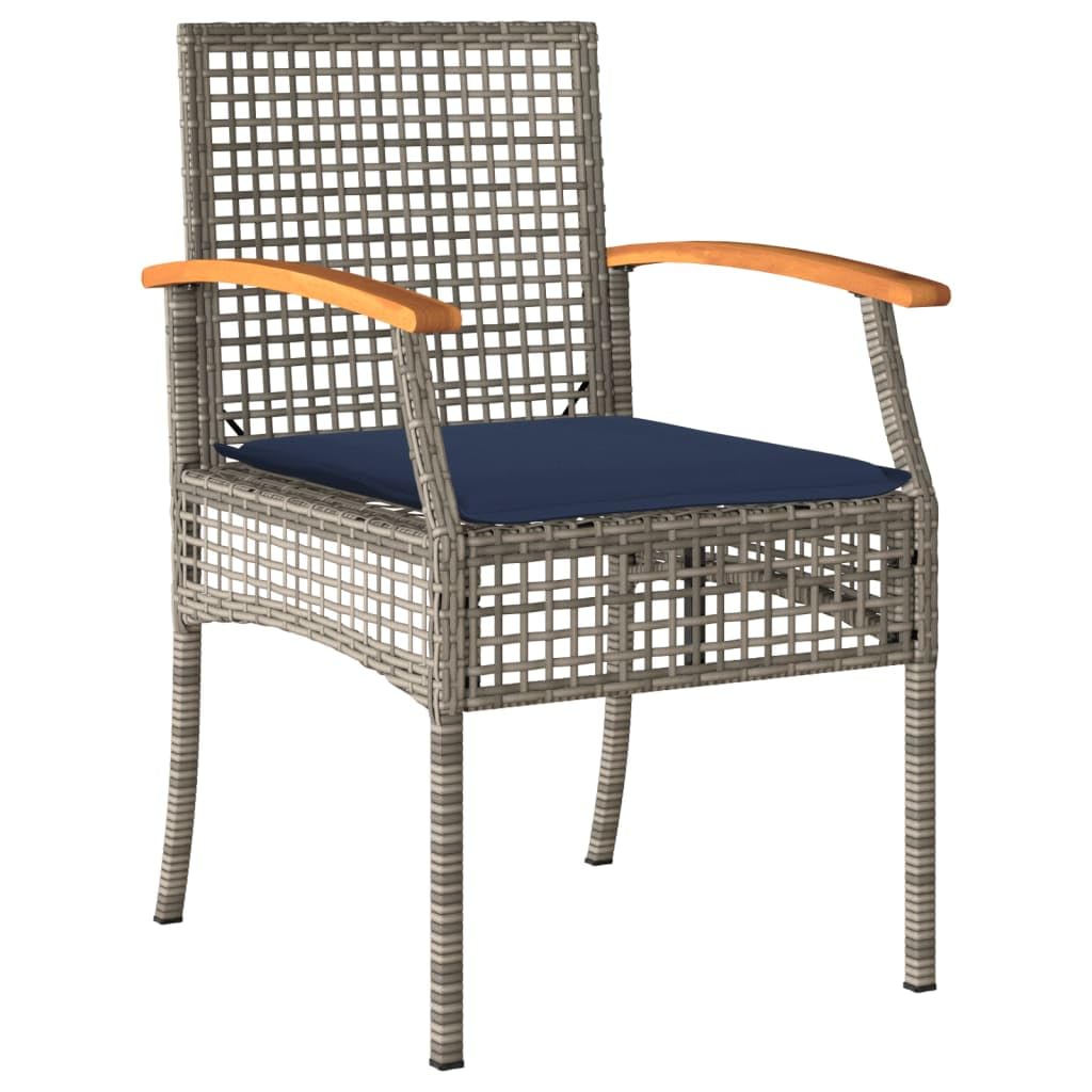 vidaXL Patio Dining Set with Cushions - 7-Piece Gray Poly Rattan, Acacia Wood Table 55.1"x31.5"x29.5", 6 Chairs with Navy Blue Removable Covers - Garden, Patio, Backyard Outdoor Furniture