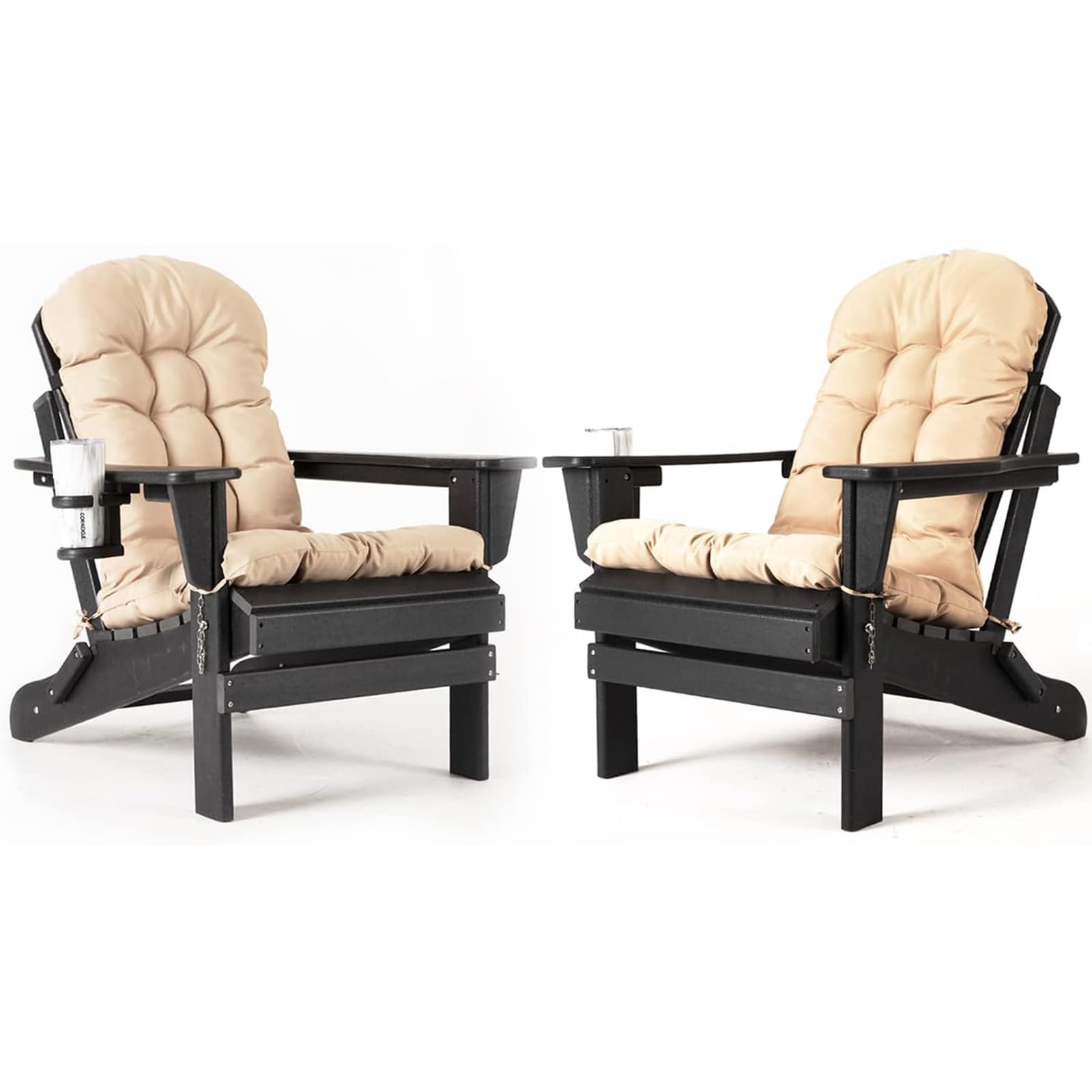 Nalone Folding Adirondack Chairs Set Of 2 With Cushion With Cup Holder, Hdpe Plastic Oversized Patio Chair Weather Resistant, Used In Outdoor, Fire Pit, Deck, Garden, Campfire Chairs (Black)