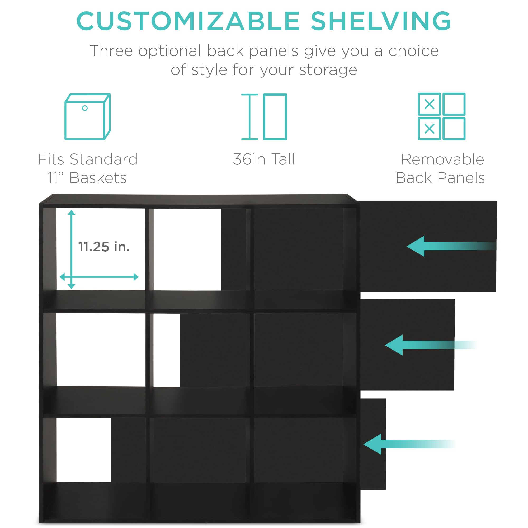Best Choice Products 9-Cube Storage Organizer, 11In Shelf Opening, Bookcase, Display Shelf, Customizable W/ 3 Removable Back Panels - Black