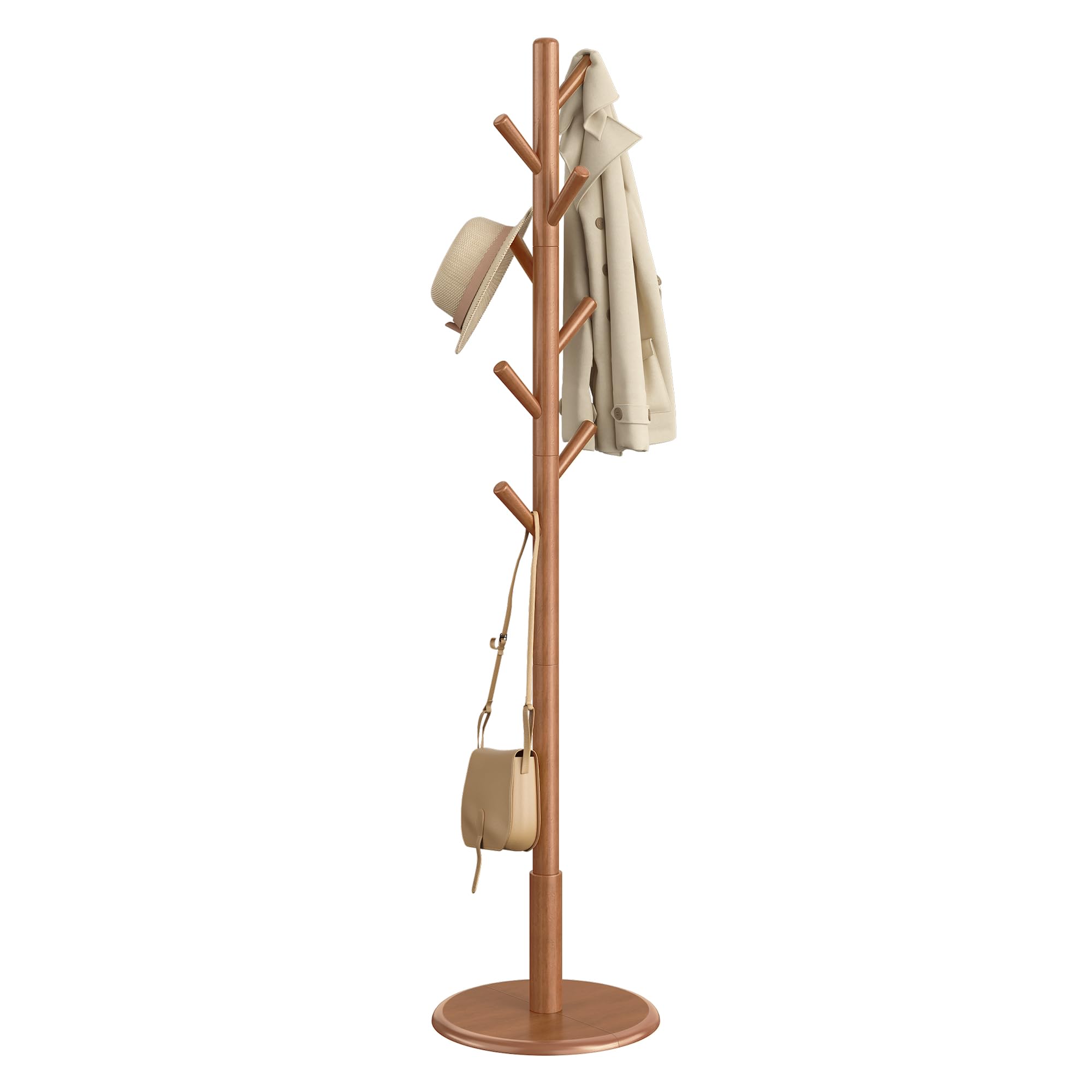 VASAGLE Solid Wood Coat Rack, Free Standing Hall Coat Tree with 8 Hooks, 3 Height Options, for Coats, Hats, Bags, Purses, for En