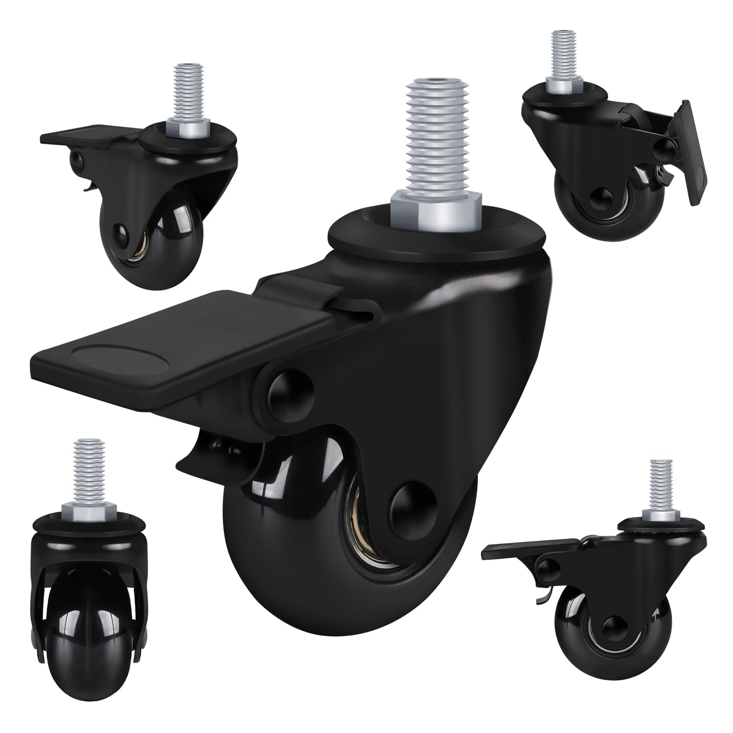 8T8 2' Office Chair Wheels Replacement With Brake, Rubber Caster Wheels With Threaded Stem 3/8'-16X1, Set Of 5, Heavy Duty Des