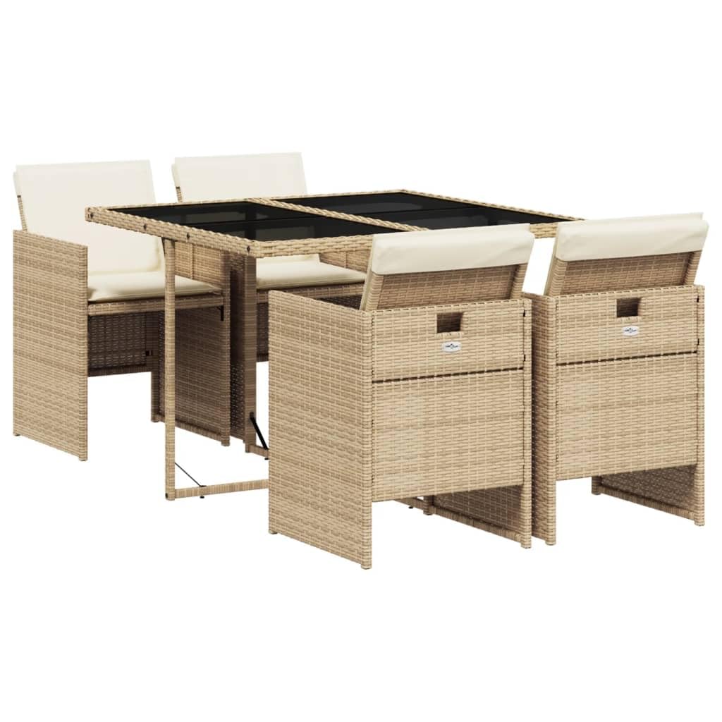 vidaXL Patio Dining Set with Cushions - 5 Piece Beige Poly Rattan Garden Furniture, Foldable Chairs, Tempered Glass Table