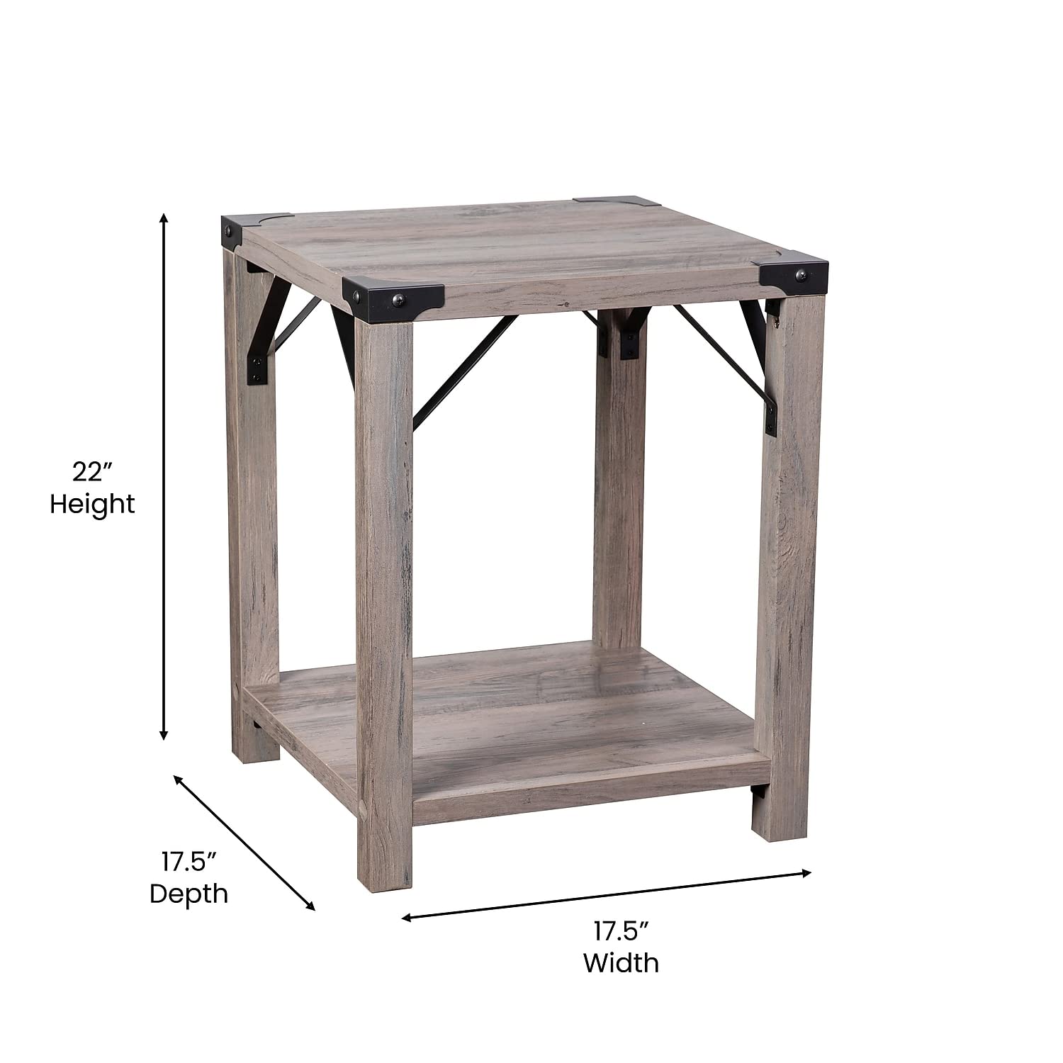 Flash Furniture Wyatt Modern Farmhouse 2 Tier Side Table - Gray Wash Engineered Wood Frame - Black Metal Crisscross Side Braces and Corner Accents