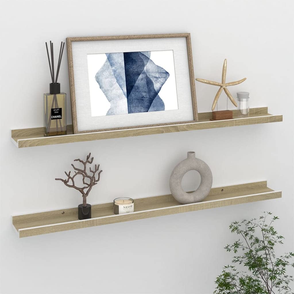 vidaXL MDF Wall Shelves, Set of 2, White and Sonoma Oak, 31.5"x3.5"x1.2", Easy to Clean, Versatile Usage, Great for Storage and Decoration