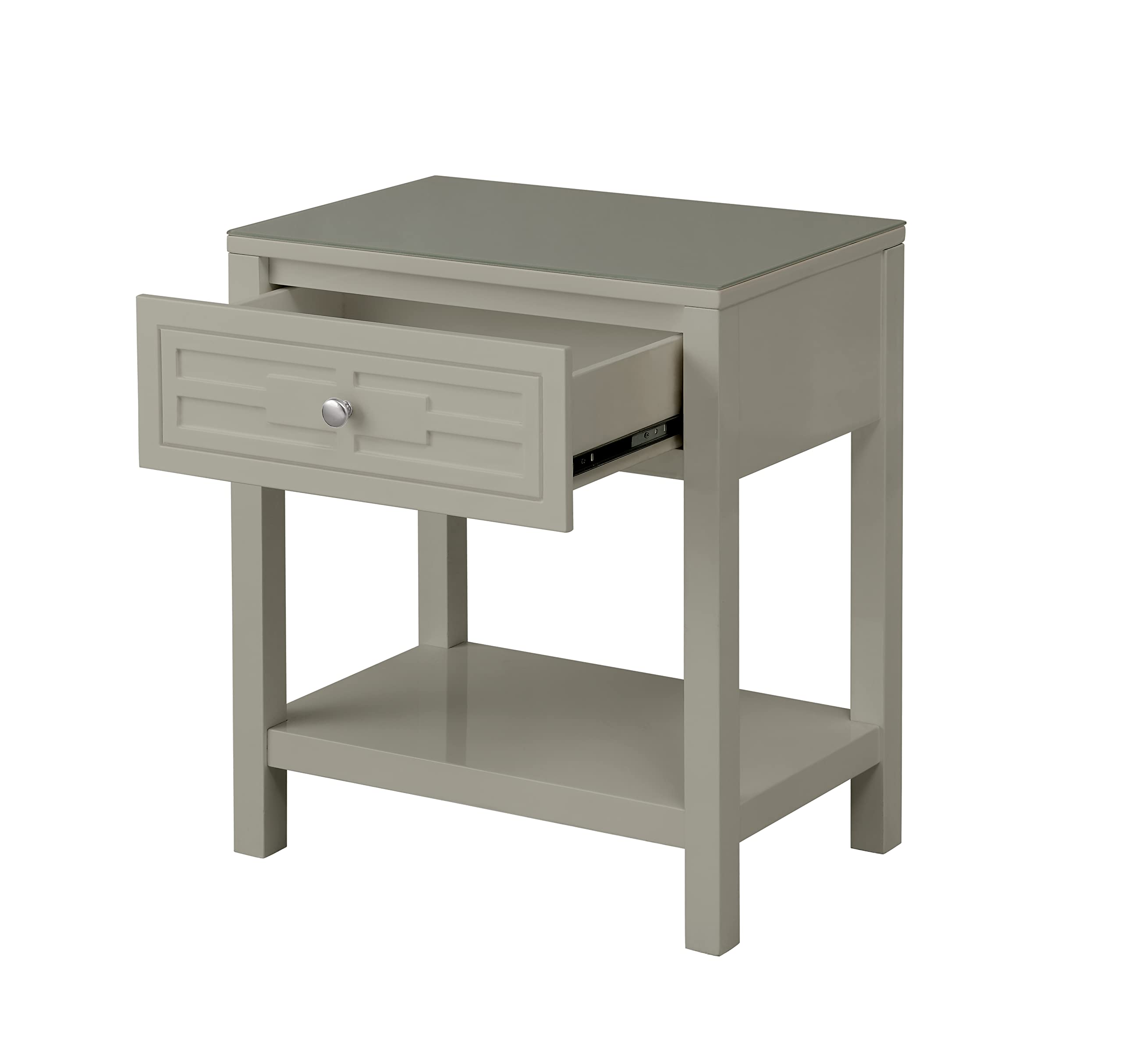 Lilola Home Dylan Taupe Wooden End Side Table Nightstand with Glass Top and Drawer