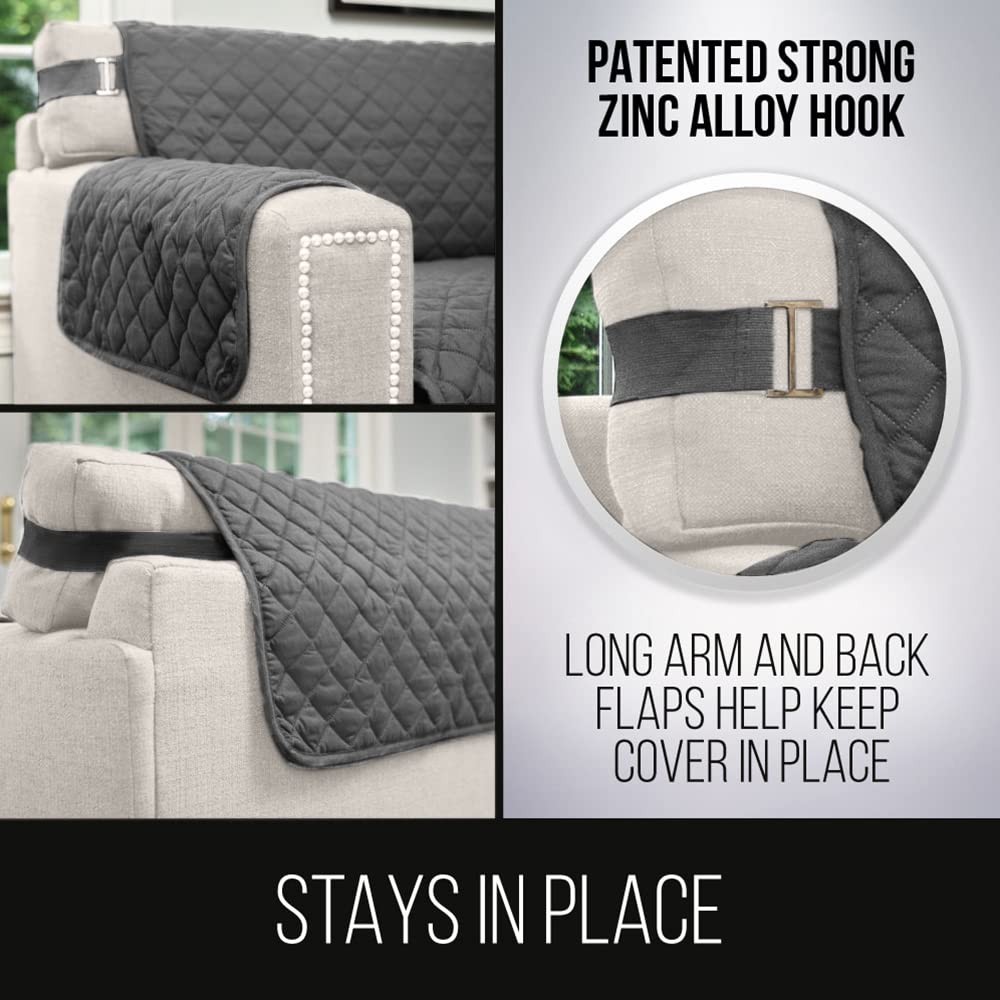 Sofa Shield Loveseat Slip Cover With Patented Strap, Cushion Protector, Reversible Stain And Dog Tear Resistant Slipcover, Quilted Microfiber 54” Seat, Washable Covers For Dogs Pet Kids Charcoal Linen