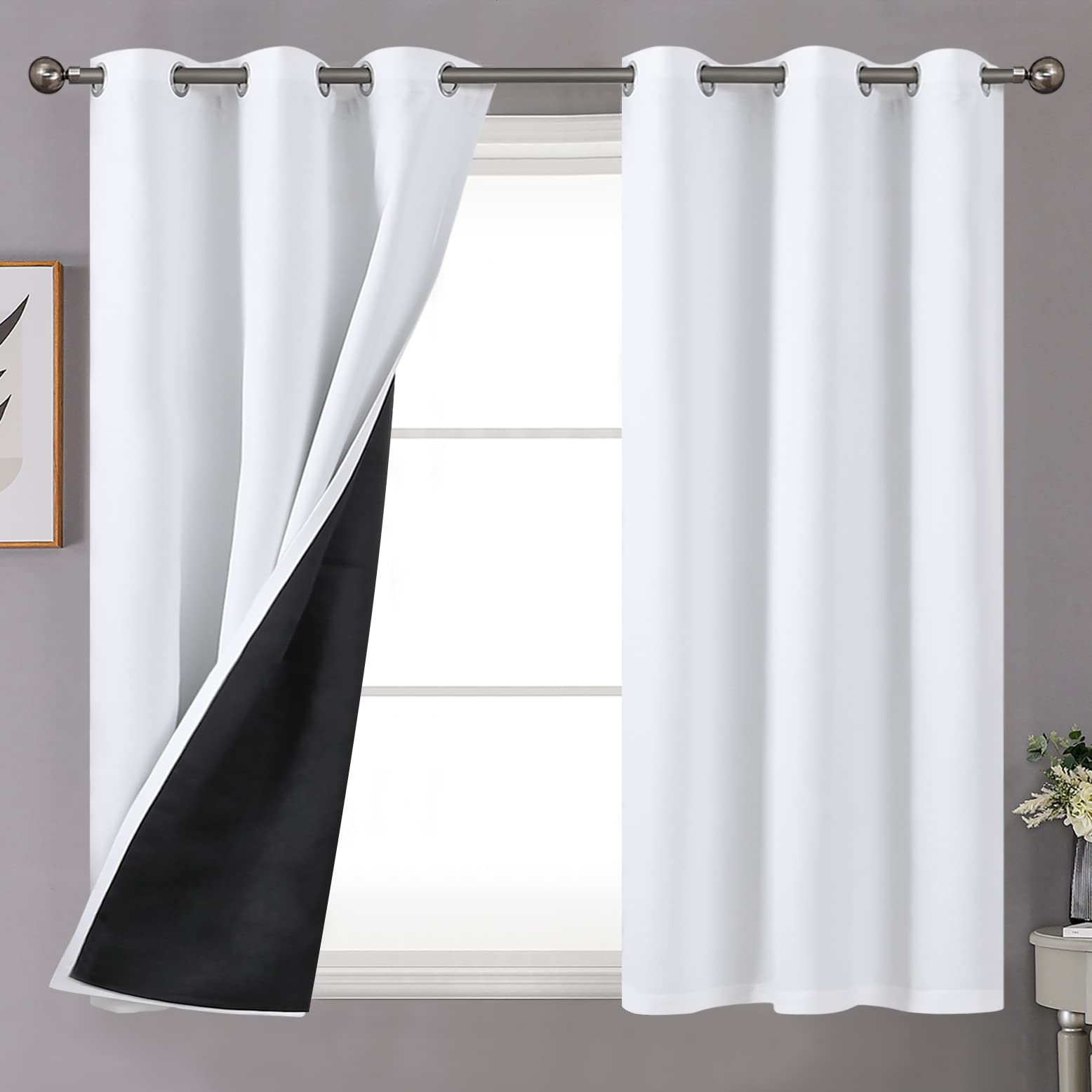 Youngstex White 100% Blackout Curtains For Small Window 40 Inches Length, Double Layer Full Light Blocking Noise Reduce Bedroom