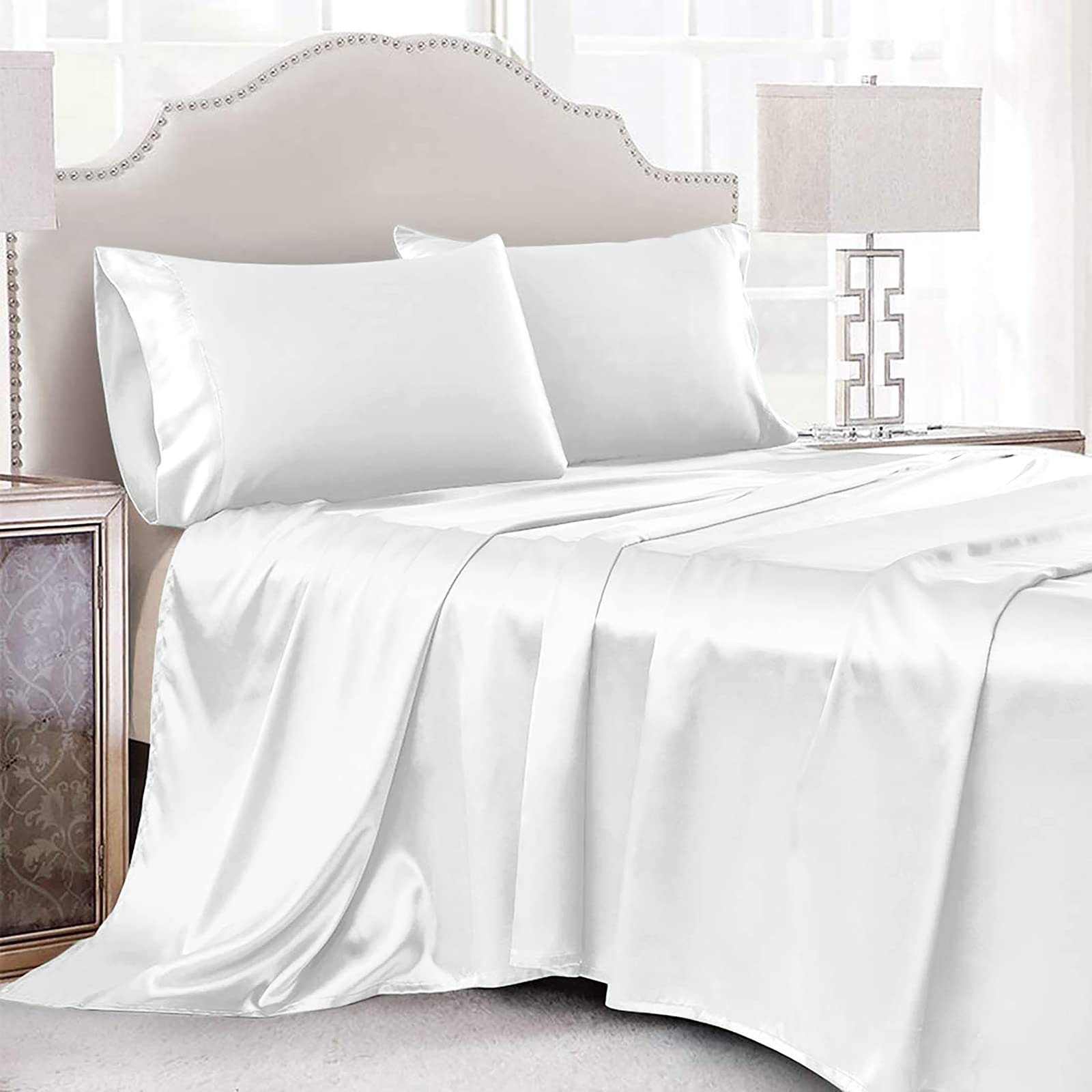 Cobedzy 4 Piece White Satin Sheets Queen Size, Soft Silky Bed Sheets Queen Set, Luxury Bed Sheet Set With 1 Deep Pocket Fitted S