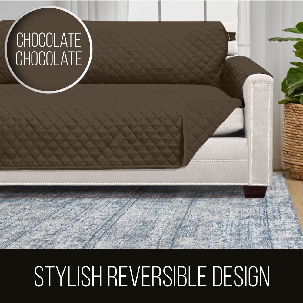 Sofa Shield Couch Slip Cover With Patented Strap, Large Cushion Protector, Reversible Stain And Dog Tear Resistant Slipcover, Quilted Microfiber 78” Seat, Washable Covers For Dogs Pets Kids, Chocolate