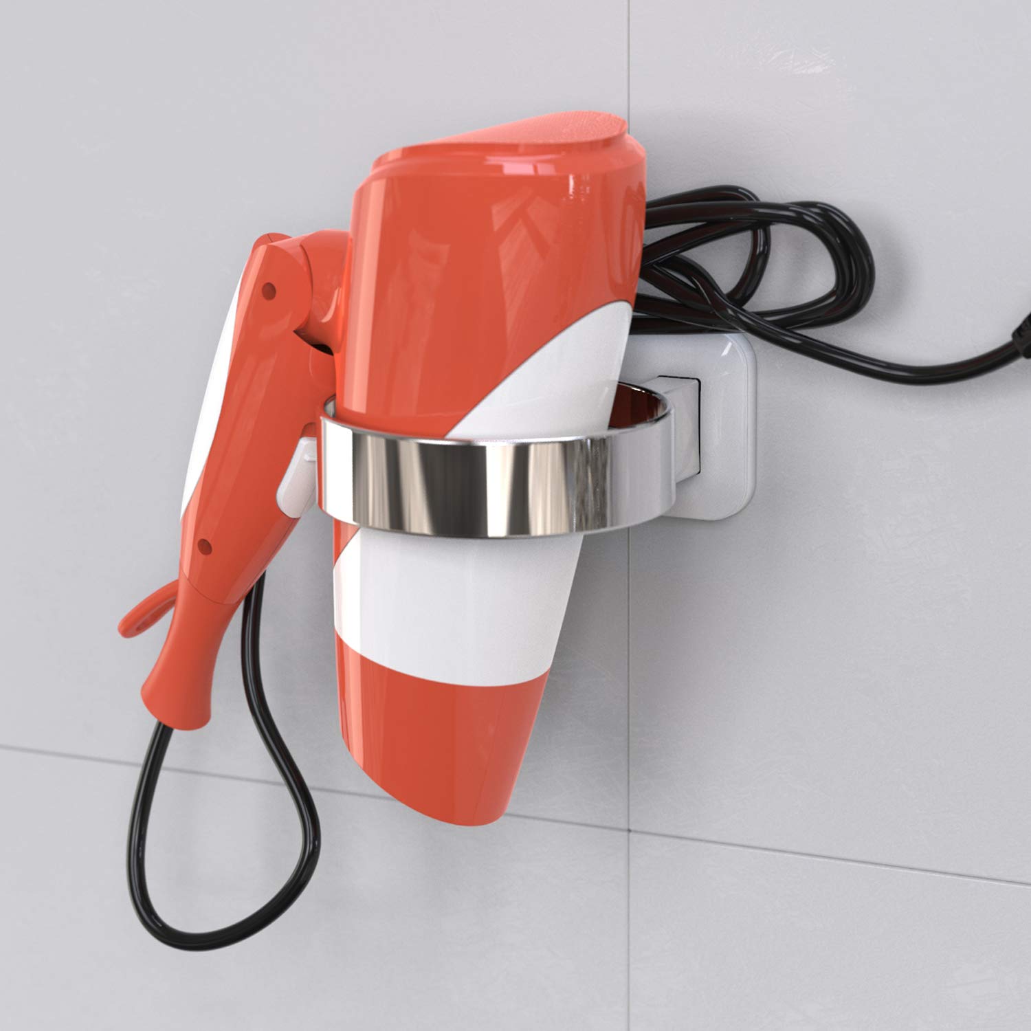 RAIKEDR Hair Dryer Holder - Extra Large Rim Bathroom Cabinet Door Stand, Wall Mount, White, L 3.7”×W 2.1”×H 4.3”