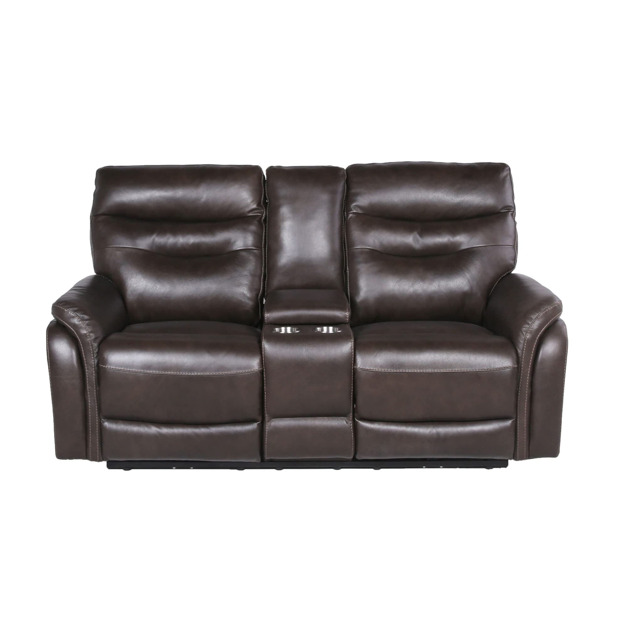 Steve Silver Co Fortuna Recliner Console Loveseats, Top Grain Leather, Contemporary Style, Console Storage, USB Charging Port, 2-Cupholders, Living Room, Den, 38" D x 73.5" W x 41" H, Brown