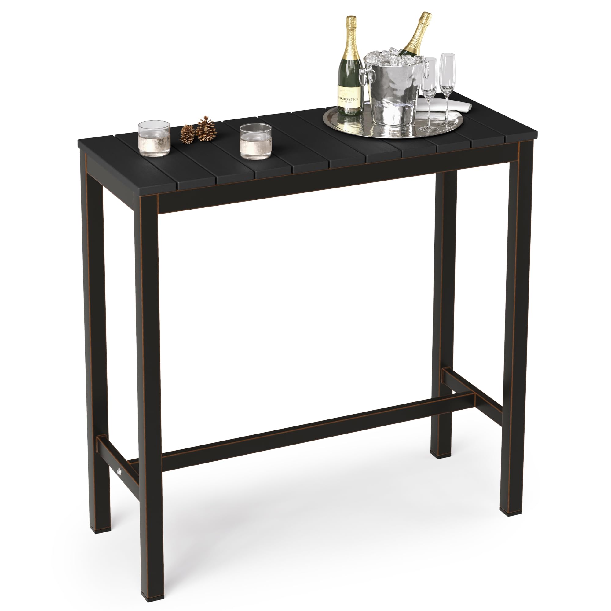 Cozyman Outdoor Bar Table, 38'' Black Patio Bar Height Counter Table, Weather Resistant, Waterproof Hdps Slatted Top Console Tab