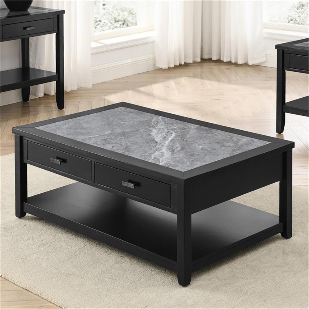 Steve Silver Furniture Garvine Coffee Table - Smoky Sintered Stone Insert, Transitional Styling, Ebony Finish, Easy Care, Storage Drawers