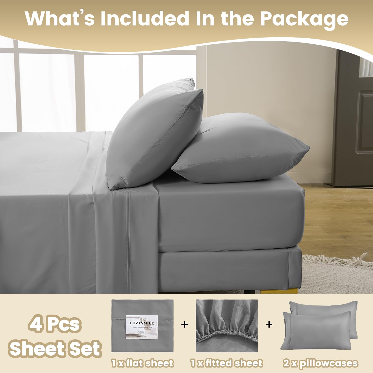 Cozysmile California King Sheet Set - 4 Piece Silky Soft Breathable Bed Sheet & Pillowcase Set, 16'' Deep Pocket Hotel Luxury Wr