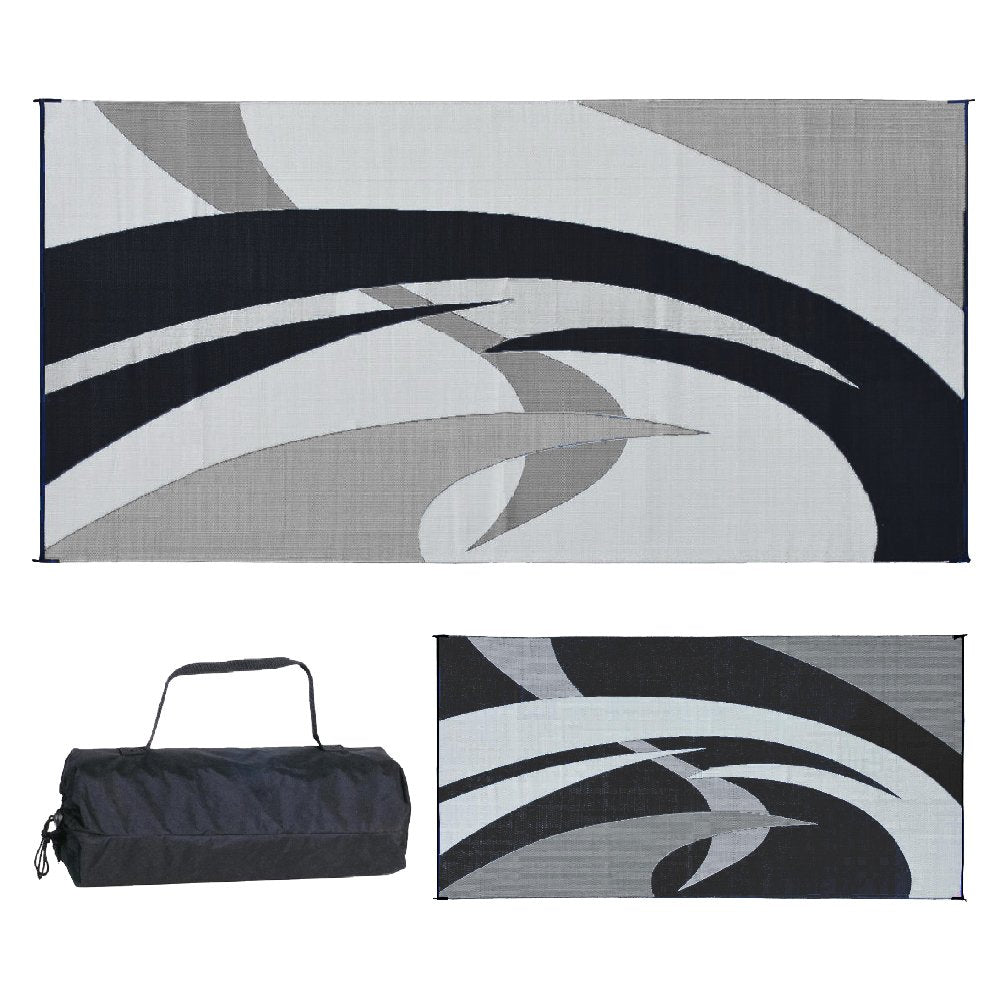 Stylish Camping 159181 9-Feet By 18-Feet Reversible Mat, Plastic Straw Rug, Large Floor Mat For Outdoors, Rv, Patio, Backyard, Picnic, Beach, Polypropylene (Pp) , Camping (Black/White)
