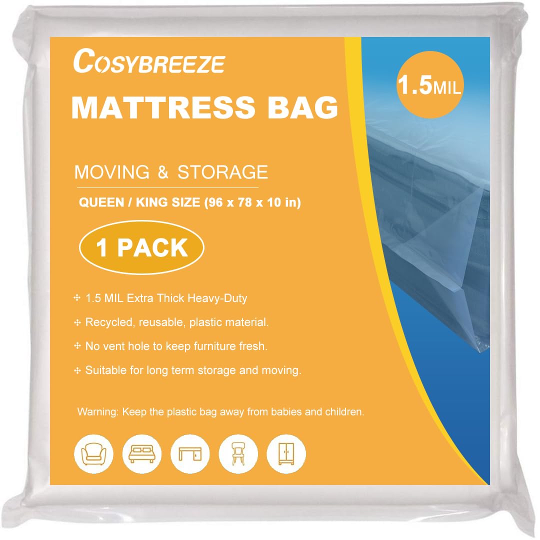 Mattress Bags For Moving 1.5 Mil Mattress Storage Bag Queen Or King Size 1 Pack - Heavy Duty Thick Plastic Wrap Mattress Protect