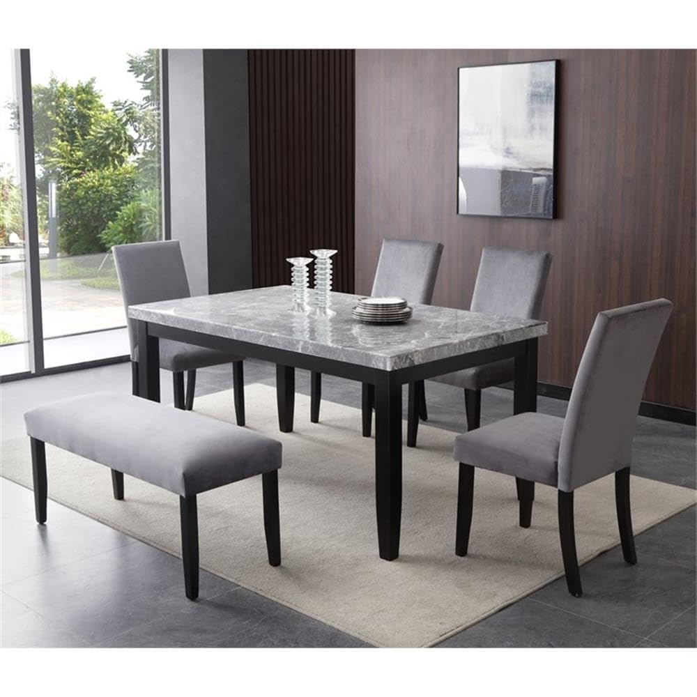 Steve Silver Furniture Napoli 6pc Grey Marble Dining Table Set, Transitional Design, 64" Grey Marble Table w/ 4 Velvet Side Chairs w/Matching Velvet Bench, Dining Room, 64" L x 38" W x 30" H, Grey