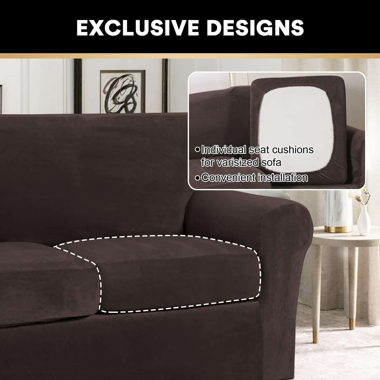 4 Pieces Sofa Covers Stretch Velvet Couch Covers For 3 Cushion Sofa Slipcovers Soft Sofa Slip Covers Furniture Covers With 3 Individual Seat Cushion Covers, Machine Washable (X-Large, Brown)