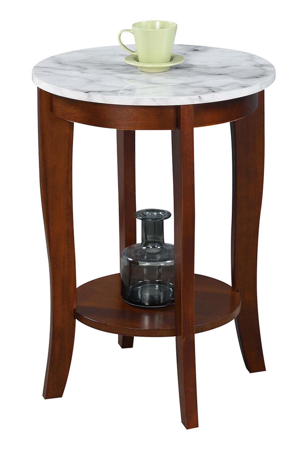 Convenience Concepts American Heritage Round End Table, White Faux Marble / Espresso