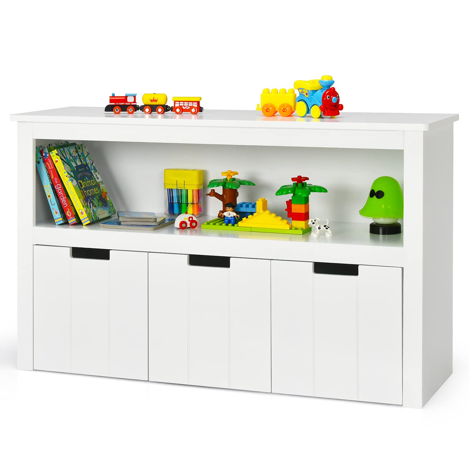 Costzon Toy Storage Organizer, Wooden Toy Bin Chest With 3 Removable Drawers, Rolling Wheels, Large Open Shelf, Toddler Bookshelf For Nursery, Playroom, Kindergarten, Living Room (White)