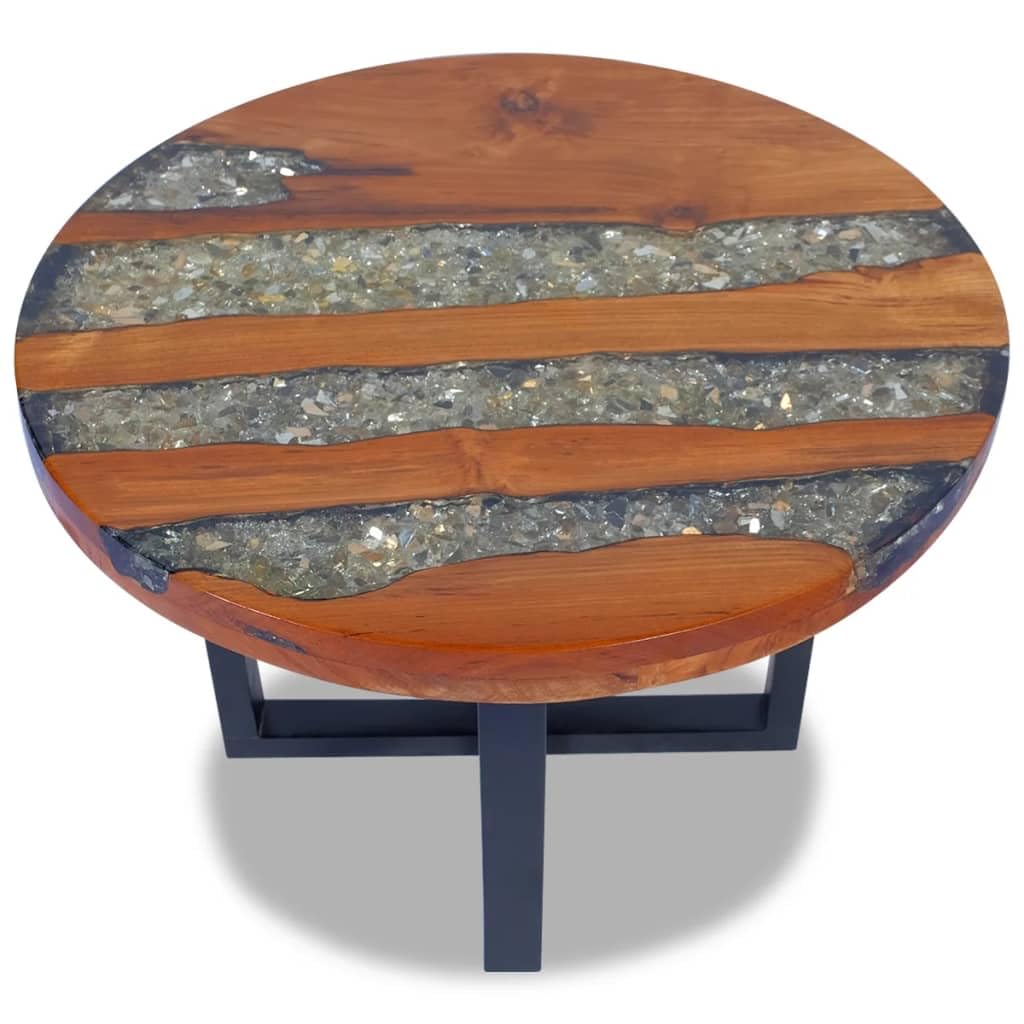 vidaXL Teak Resin Coffee Table - Solid Round Multicolor Tabletop with Clear Lacquer Finish - Urban Industrial Coffee/Low Table - Mango Wood Base