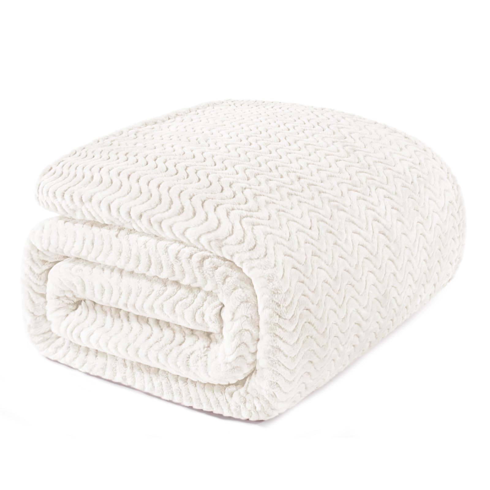 Exclusivo Mezcla Off White Fleece King Size Blanket For Bed, Super Soft Cozy Blankets With Decorative Wave Textured, Lightweight