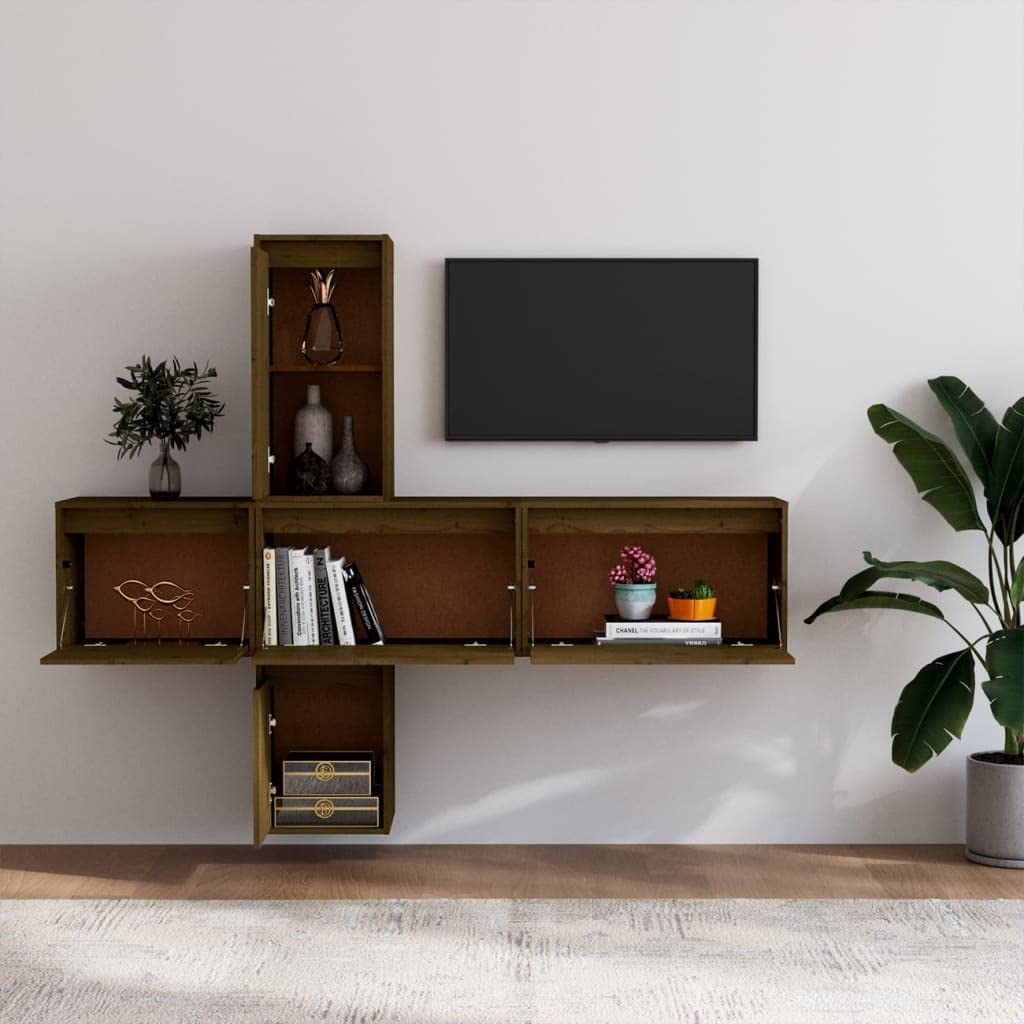 vidaXL TV Stand 5 Pcs, Wall Mounted Entertainment Center TV Console with Storage, Floating TV Stand for Living Room, Honey Brown Solid Wood Pine