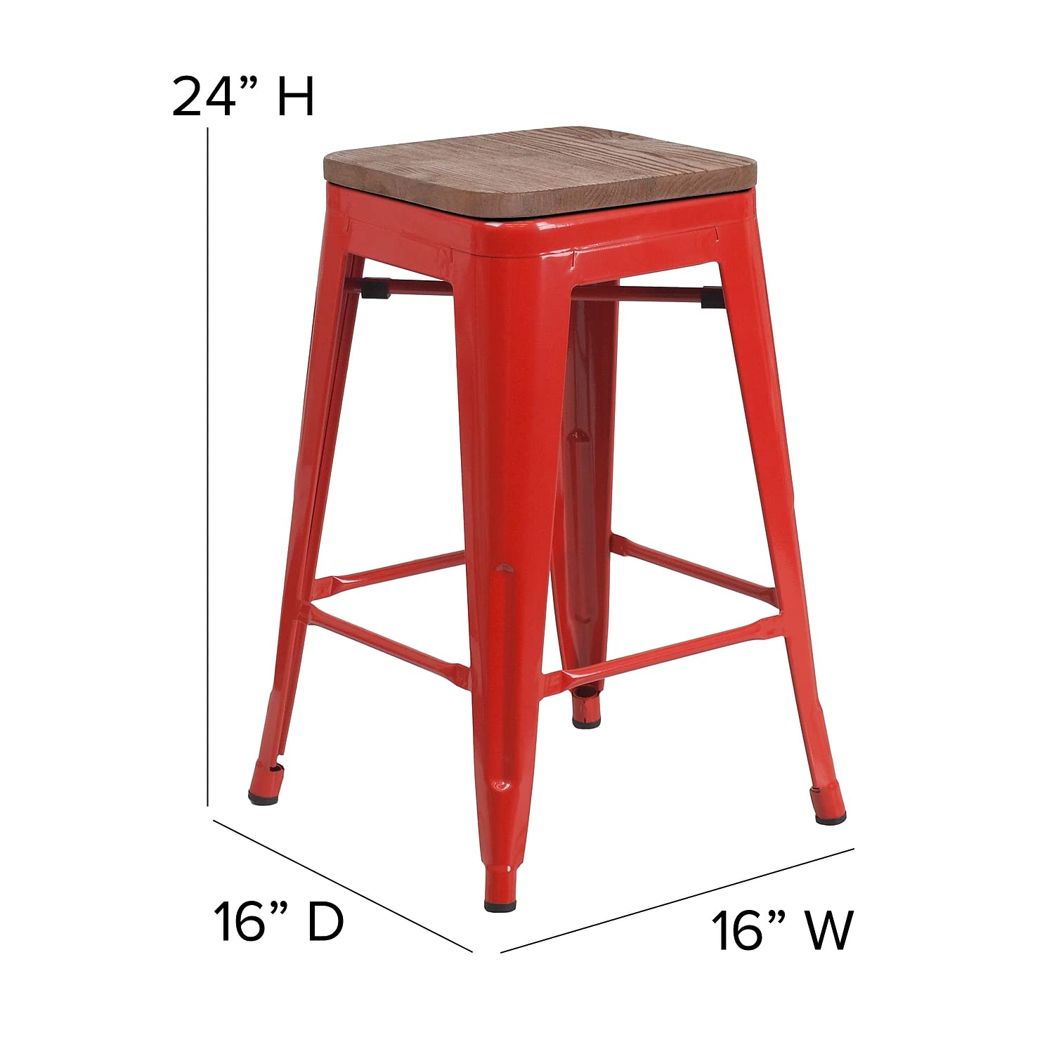 Flash Furniture Lily 24" High Backless Red Metal Counter Height Stool with Square Wood Seat