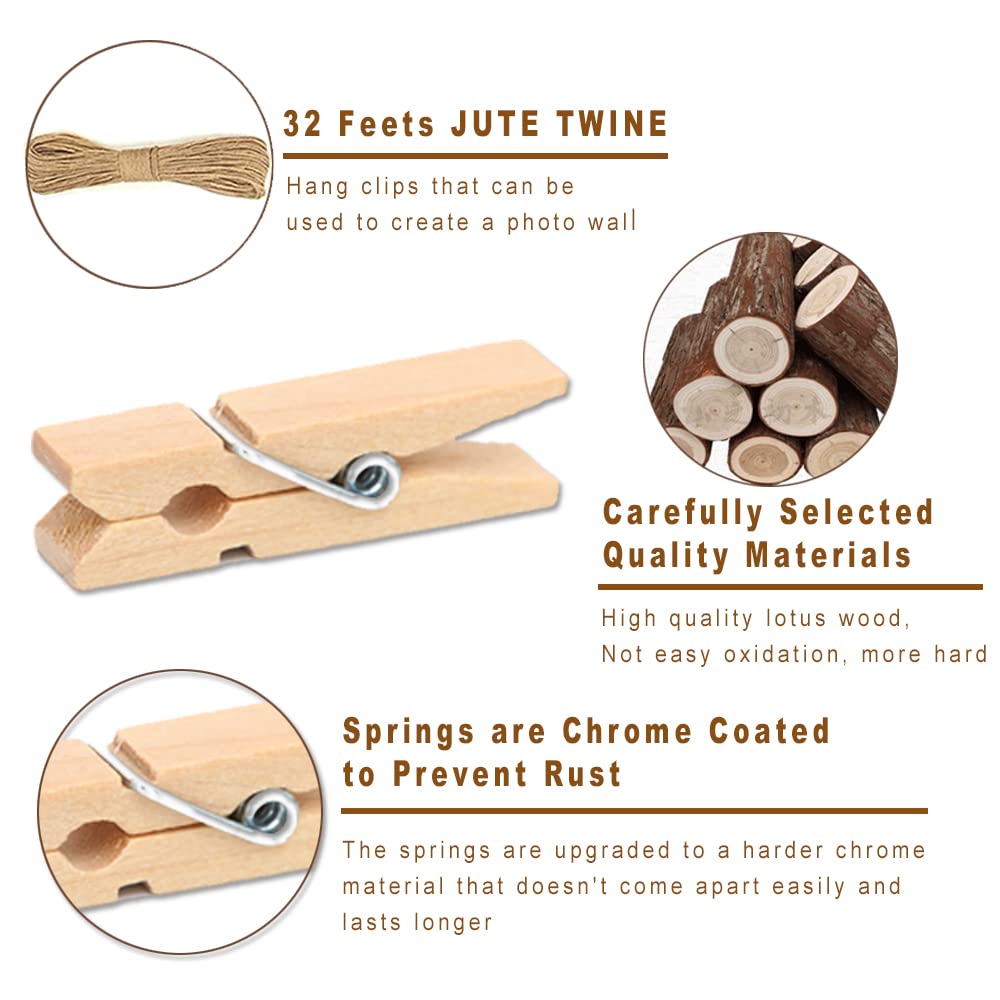 1.35 Inch Mini Clothes Pins For Photo?100 Pcs? With 32 Feet Jute Twine,Mini Clothes Pins For Crafts,Wooden Small Clothes Pins Fo