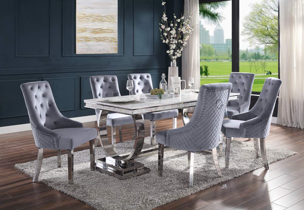 Acme Zander Dining Table in White Printed Faux Marble and Mirrored Silver Finish