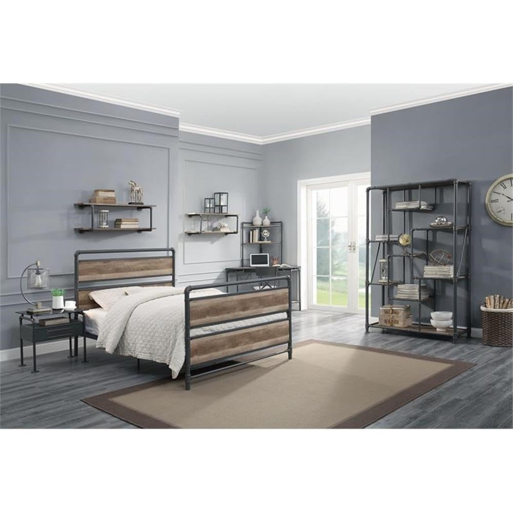 Acme Brantley Rectangular Metal Bookshelf in Antique Oak and Sandy Gray