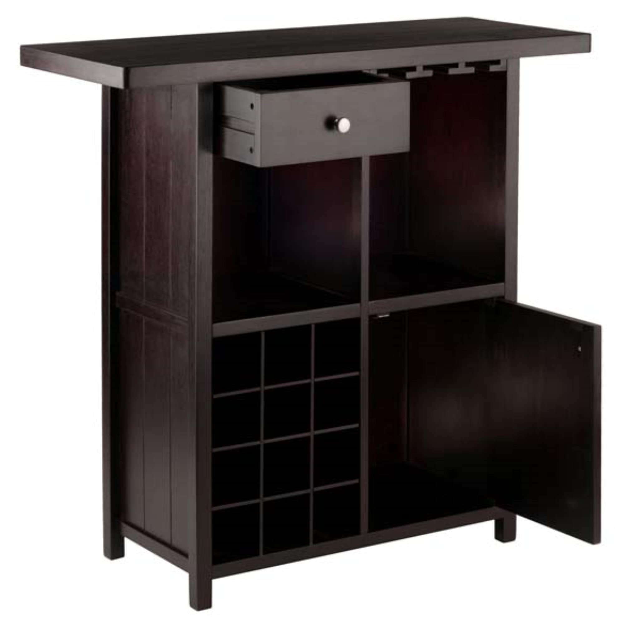 Stylish and Functional Macon Wine Bar with Espresso Finish | Holds 12 Bottles | Open Shelves and Cabinet for Storage | Stemware Holder | Durable Solid Wood | Easy Assembly | 40' W x 15.59' D x 37.8' H