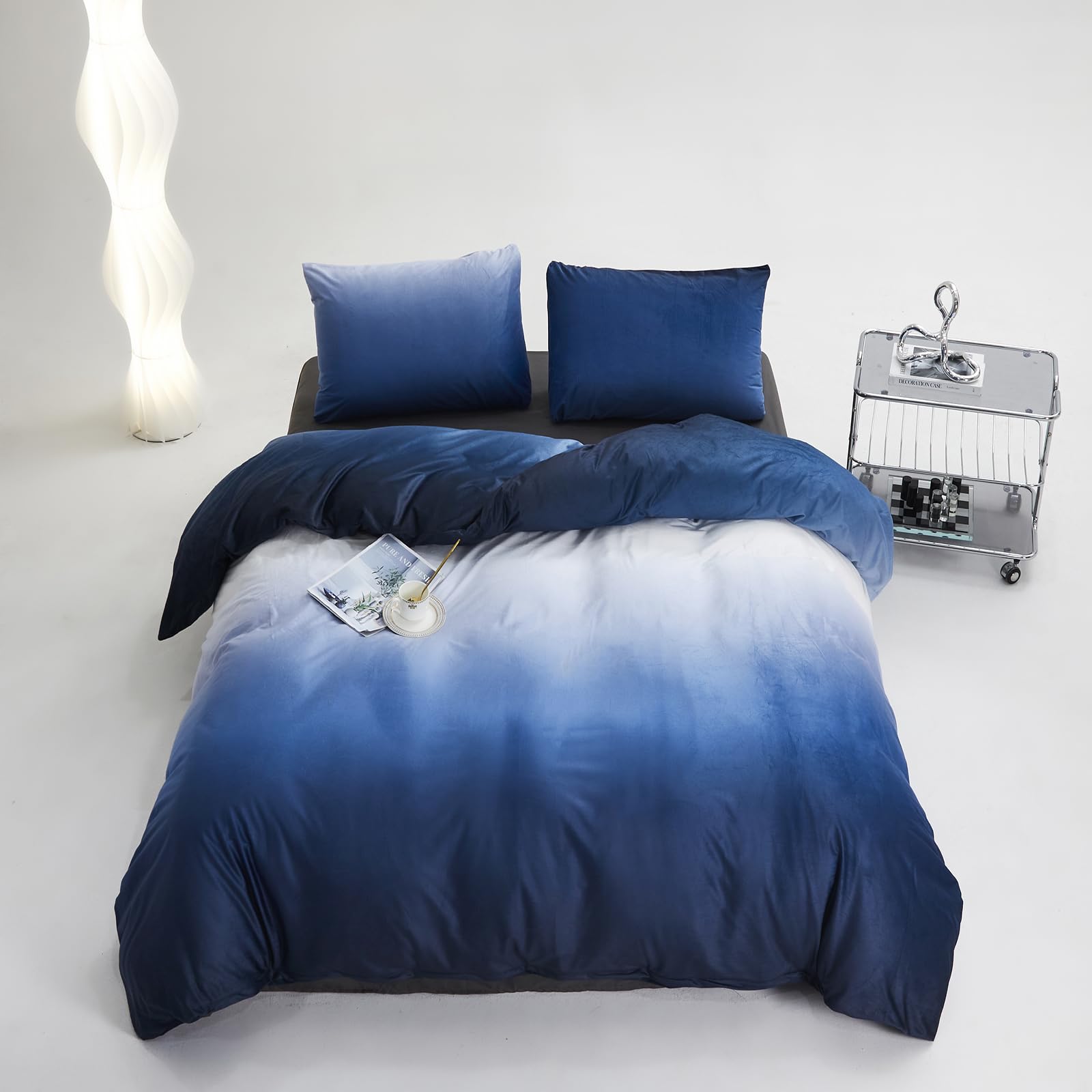 CLOTHKNOW Blue White Velvet Comforter Set Full 3Pcs Gradient Blue White Bedding Comforter Sets Blue Comforter Full Size Soft Dar