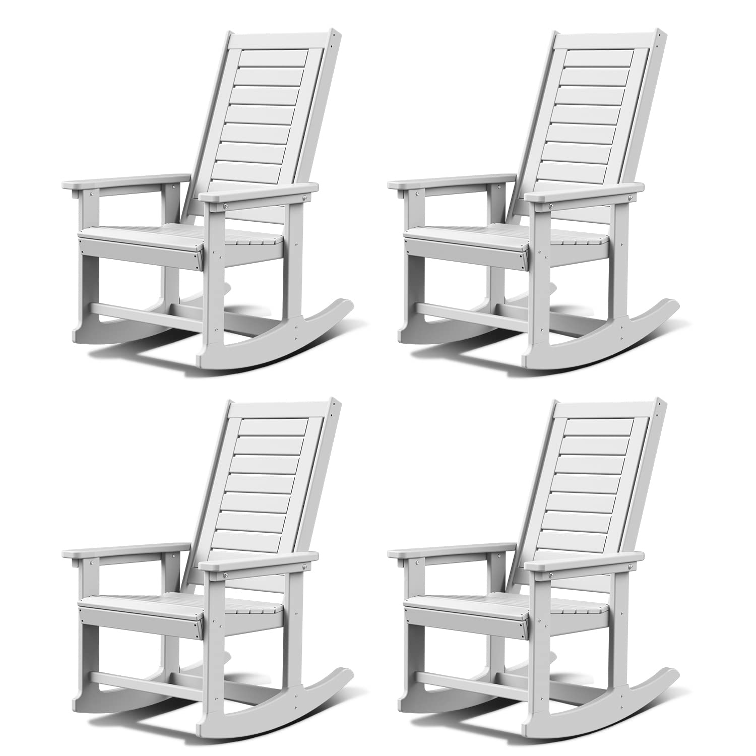 Greenvines Outdoor Rocking Chairs | Set Of 4 | Porch Rocker | Hdpe Plastic | White | Oversized Rockers | High Back | Big & Tall | Ladder Back | For Patio Outside Backyard Balcony Garden