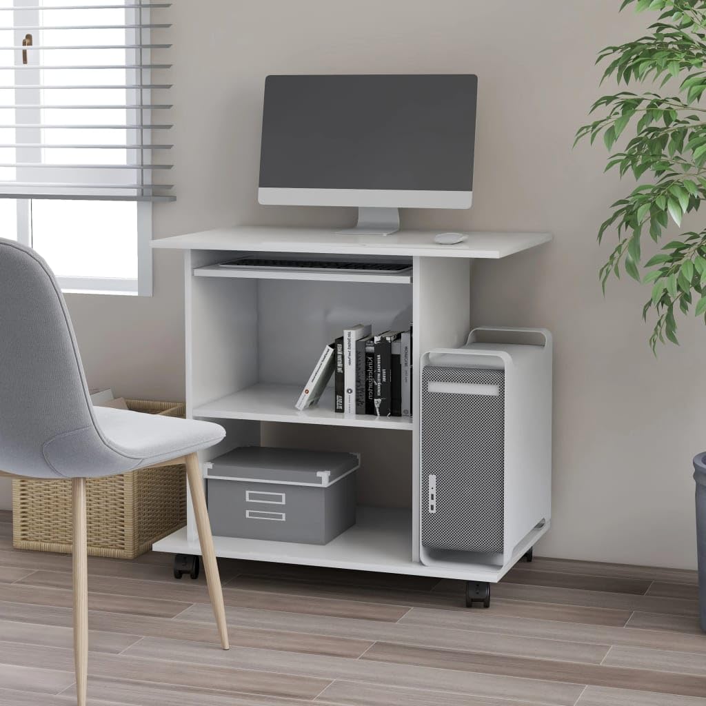 vidaXL White Engineered Wood Computer Desk with Pull-Out Keyboard Tray, Mobile Workstation for Home or Office, with Additional Shelves and Elegant Modern Design