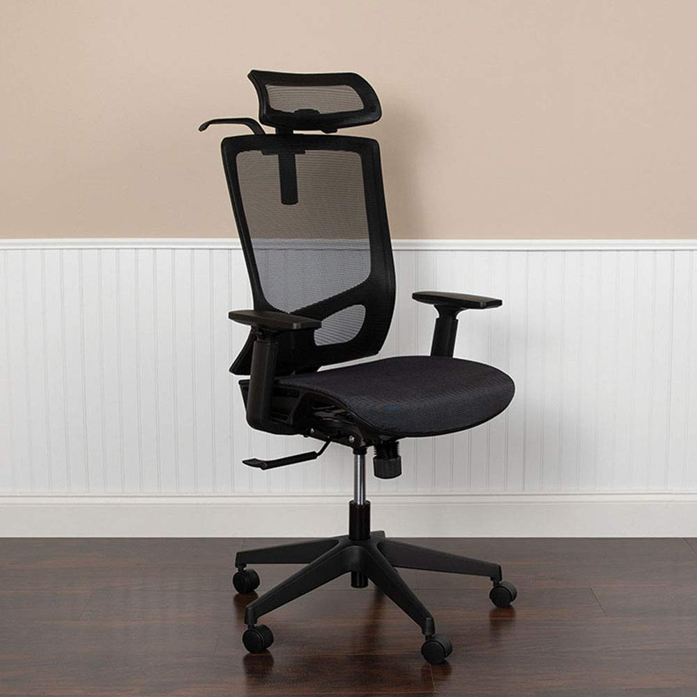 Flash Furniture Layla Ergonomic Mesh Office Chair With Synchro-Tilt, Pivot Adjustable Headrest, Lumbar Support, Coat Hanger And Adjustable Arms In Black