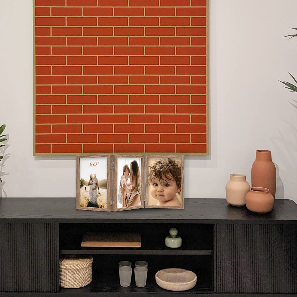 3 Picture Frame 5X7 Triple Hinged Mdf Wood Grain With Glass Front Three Opening Photo Frame Stand Vertical On Tabletop