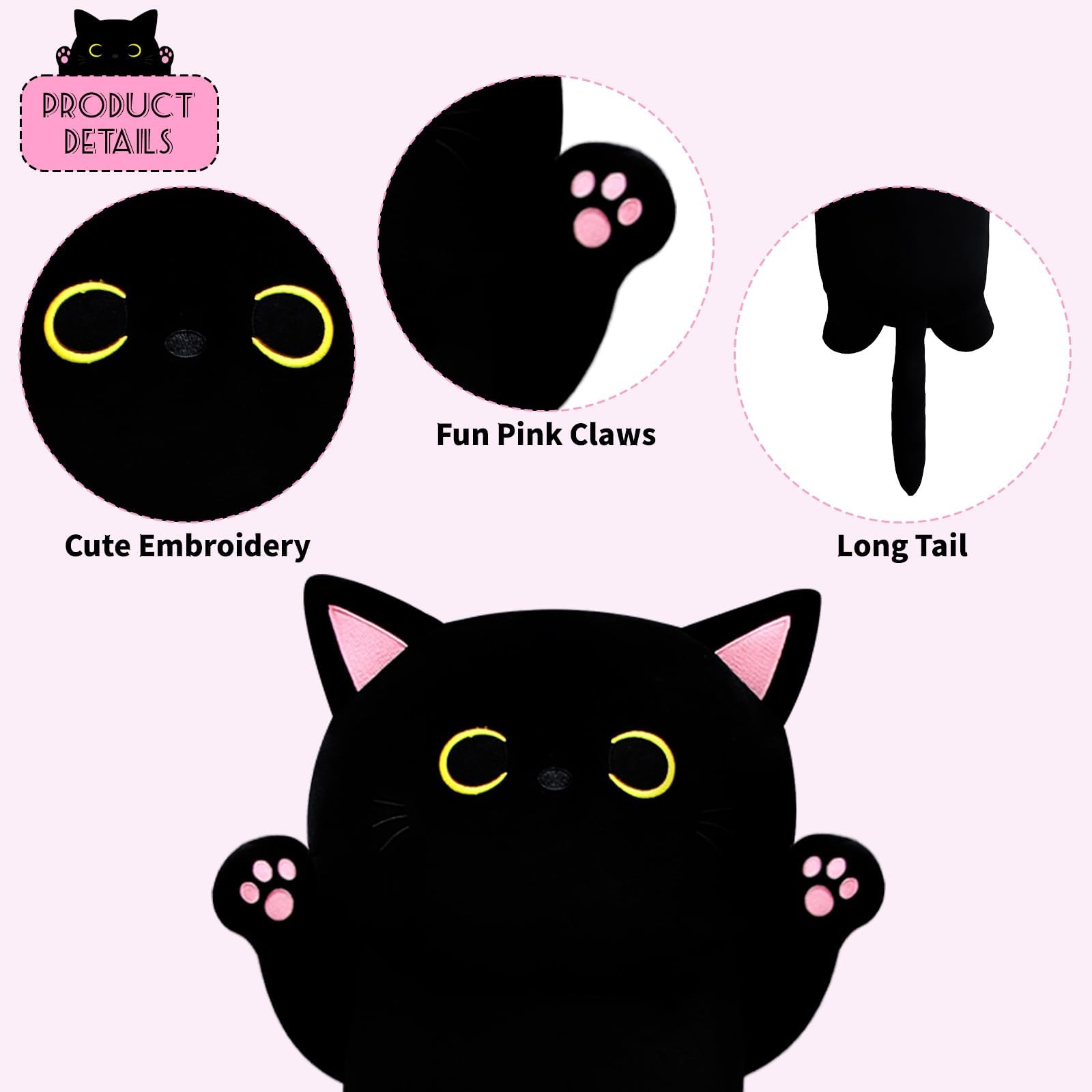 Mufeiruo Long Cat Plush Long Cat Body Pillow, 33' Cute Black Cat Stuffed Animals Cat Plushie, Soft Cartoon Cat Plush Pillow Kaw