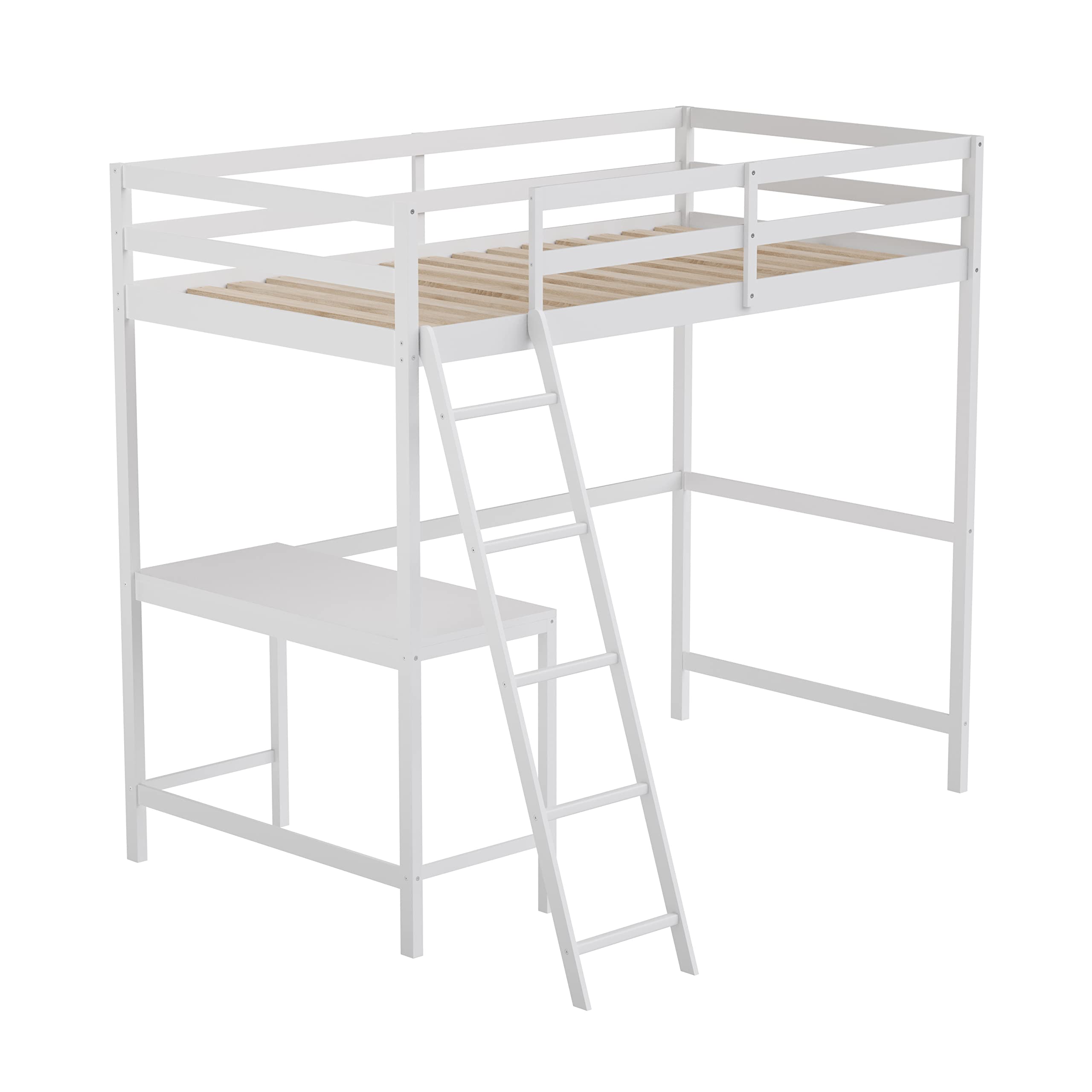 Flash Furniture Riley Loft Bed Frame with Desk - White Wood Slats - Twin Size - Protective Guard Rails & Ladder - Kids and Teens - Space Saving Design