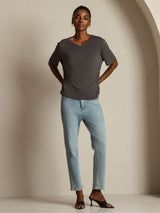Dark gray pure silk V-neck women's T-shirt with short sleeves, styled with light jeans
